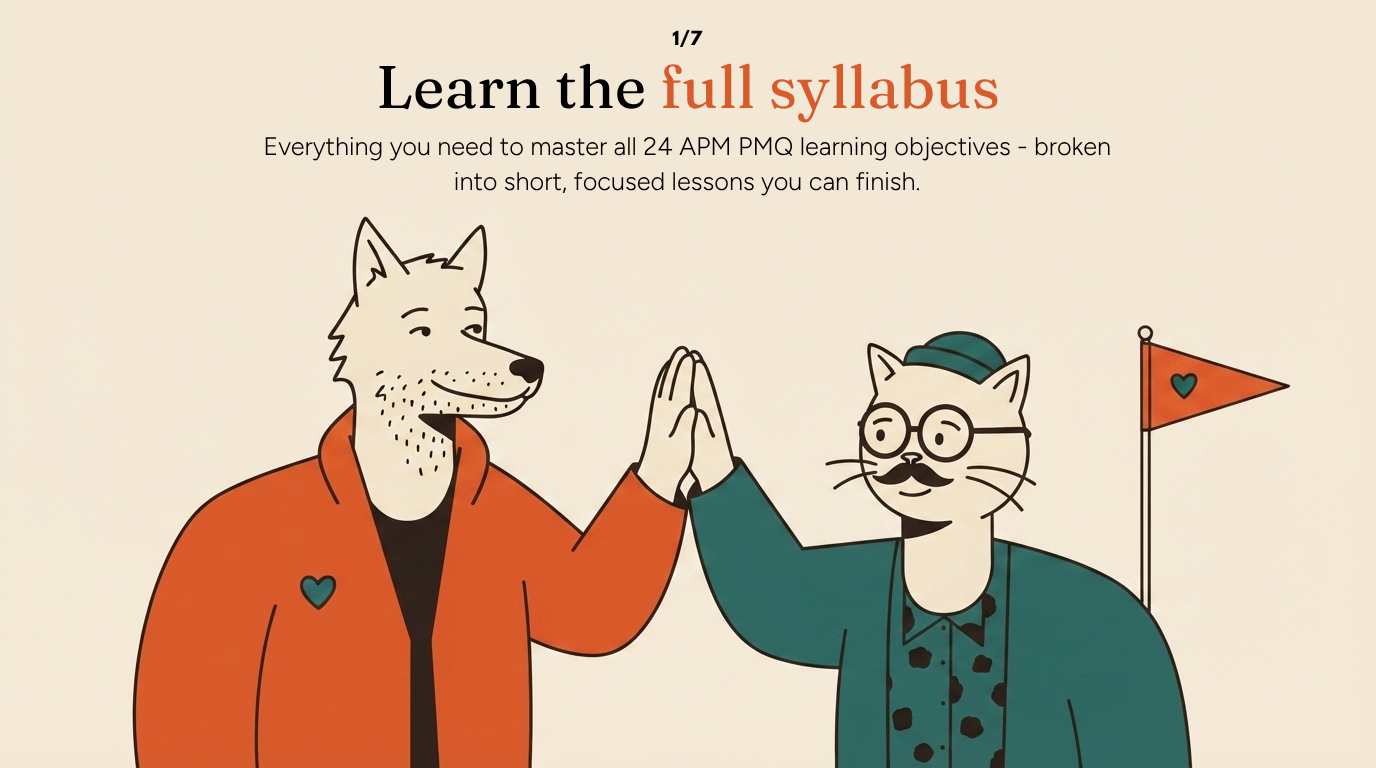 Learn the full syllabus: all 24 APM PMQ learning objectives in short, focused lessons.